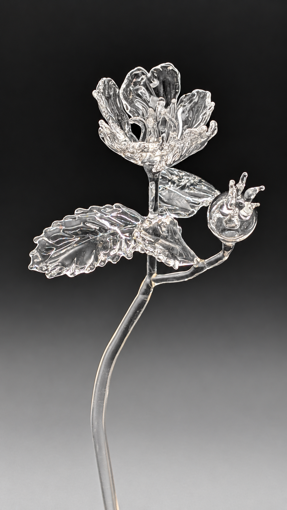 Clear-glass Marsh Rose wand with a flower, leaves, and rose hip made by Stephanie Tayengco